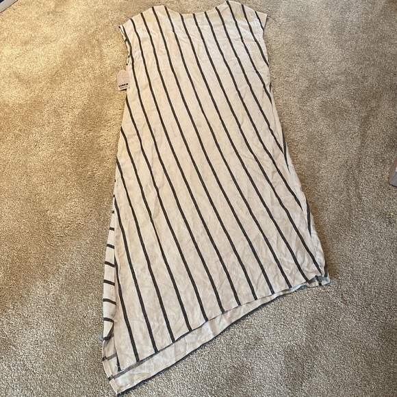 For Cynthia Linen Blend V Neck Cap Sleeve Asymmetrical Tan Black Stripe Dress S - Picture 6 of 6